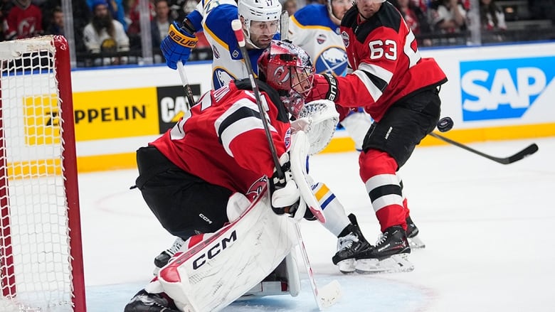 New Jersey Devils goaltender Jacob Markstrom watches the puck during the NHL season opener against the Buffalo Sabres in Prague, Czech Republic on Oct. 4, 2024.