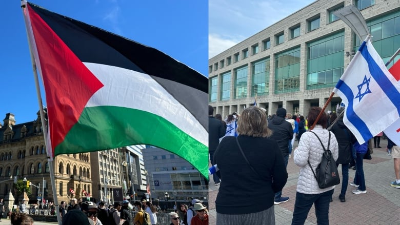 A split photo featuring two different rallies, each of which features people carrying large flags.