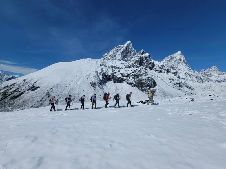 A group of hikers walk in a line with a mountain in the background