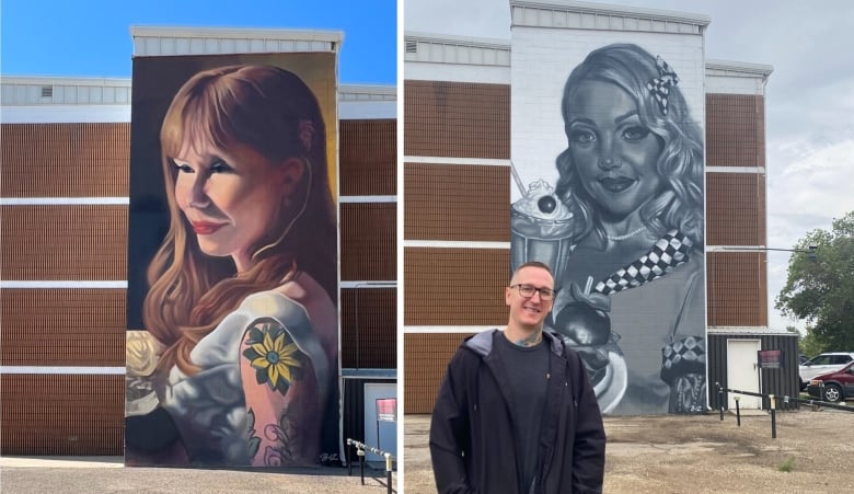 A collage shows a colour mural of a blonde woman at left, while a picture at the right shows an artist with glasses beside a black and white mural of a waitress holding a milkshake.