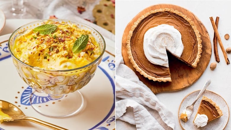 left: a light yellow pudding in a glass coupe. right: a brown butternut squash pie topped with whipped cream