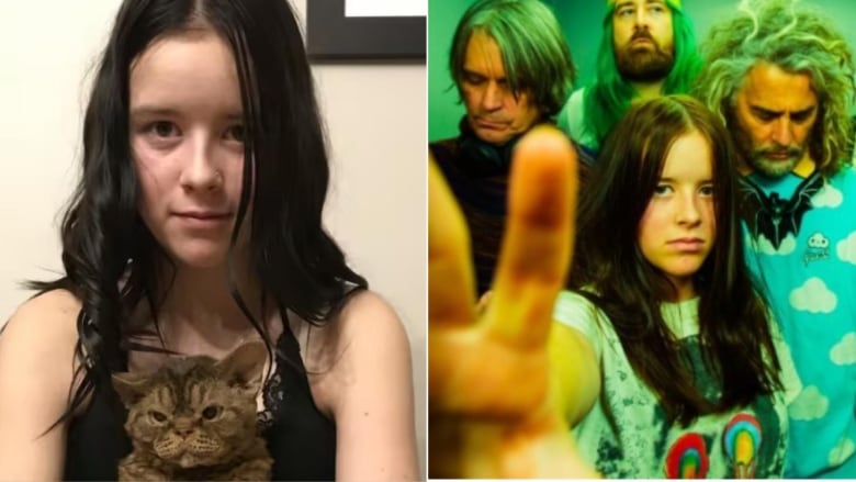 A photo of a girl with a cat. A second photo of a girl with a band.