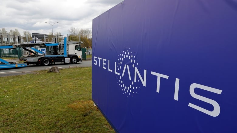 A view shows the logo of Stellantis at the entrance of the company's factory in Hordain, France, April 12, 2021.  