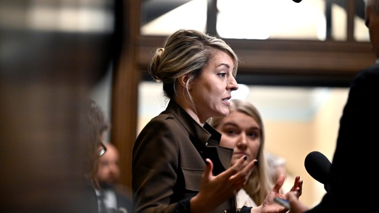 Minister of Foreign Affairs Melanie Joly takes questions from reporters before a meeting of the Liberal caucus on Parliament Hill in Ottawa on Wednesday, Oct. 9, 2024.