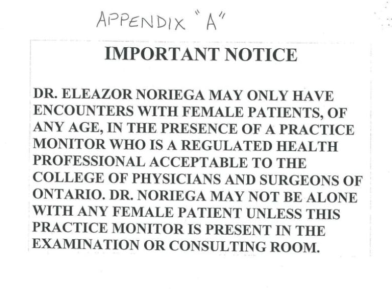 A sign warning patients of the professional restrictions imposed on the doctor in 2003.