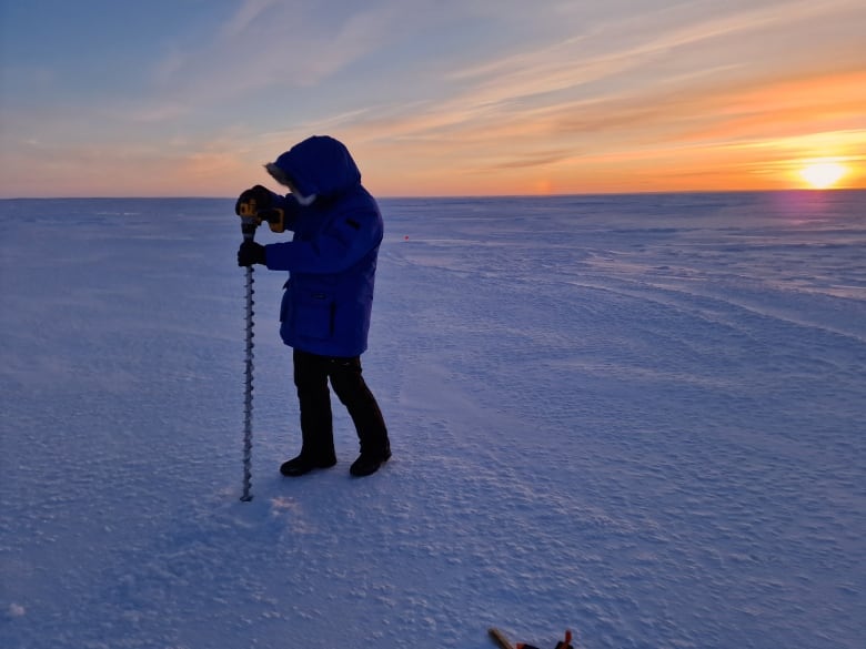 Scientist drills hole in the frozen ocean surface