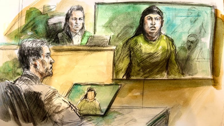 Court sketch of Sabrina Kauldhar, showing her appearing in court via a video screen, with the judge and a member of the court sitting in front of the screen 