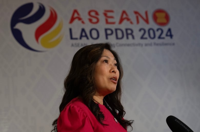 Export Promotion, International Trade and Economic Development Minister Mary Ng speaks with reporters at the ASEAN Summit in Vientiane, Laos, Thursday, Oct. 10, 2024.