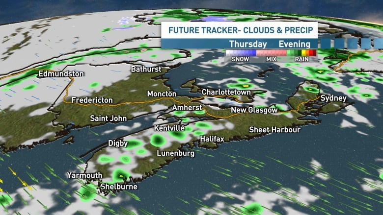 a map shows scattered showers and clouds 