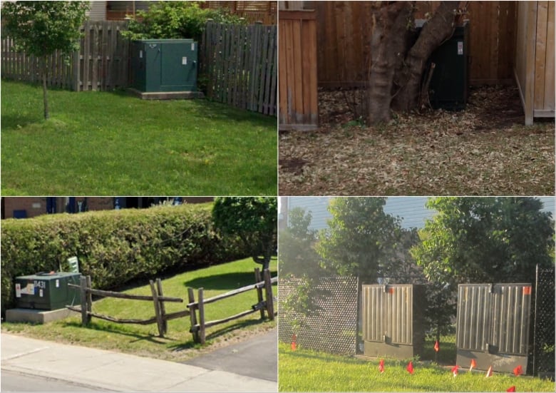 A collage of four pictures of hydro boxes and fences.