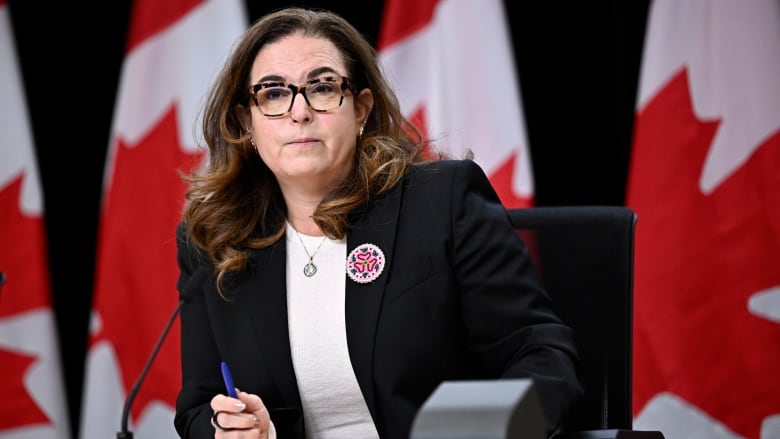 A stately woman in leopard-print glasses, a black blazer with an Indigenous beaded label sits at a podium taking questions from reporters as Canada's flags stand in the background.