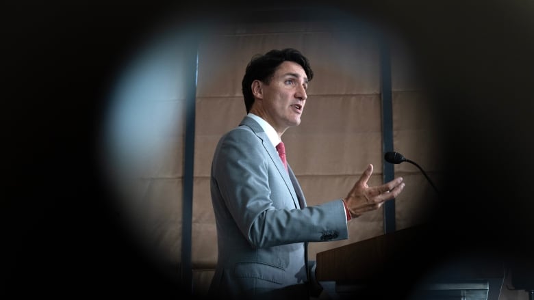 A man in a grey suit stands at a podium in this photograph with a black vignette on it.