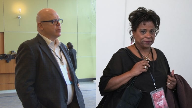 A bald man wearing a suit and a Black woman wearing a black jacket stand for photos.