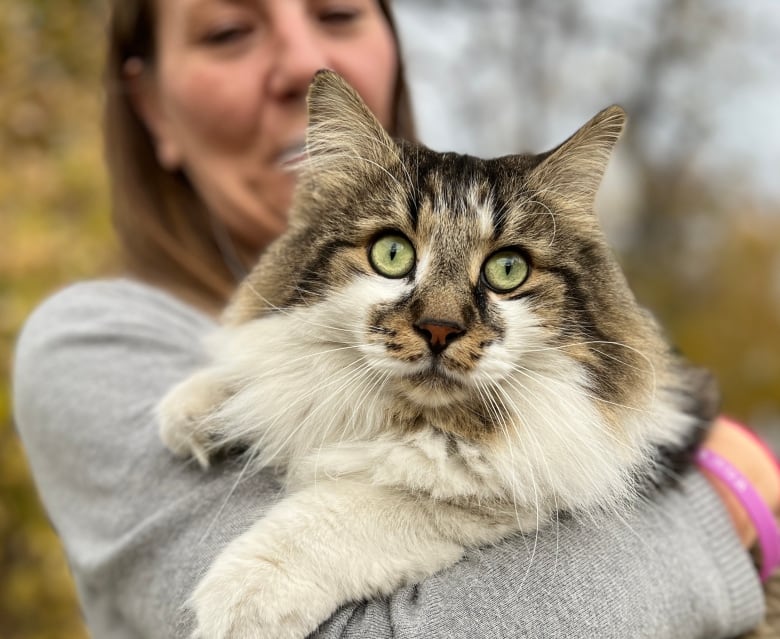 A woman cuddles with a cat 