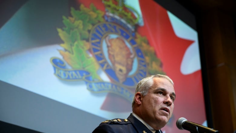 RCMP Commissioner Mike Duheme speaks during a news conference at RCMP National Headquarters in Ottawa, Monday, Oct. 14, 2024.