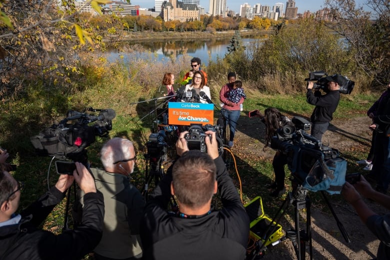 Saskatchewan NDP Leader Carla Beck discusses her party platform during a media event where she released her full platform in Saskatoon on Friday, October 11.