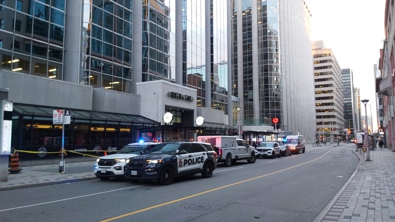 A city street at dusk, with several emergency vehicles parked on one side.