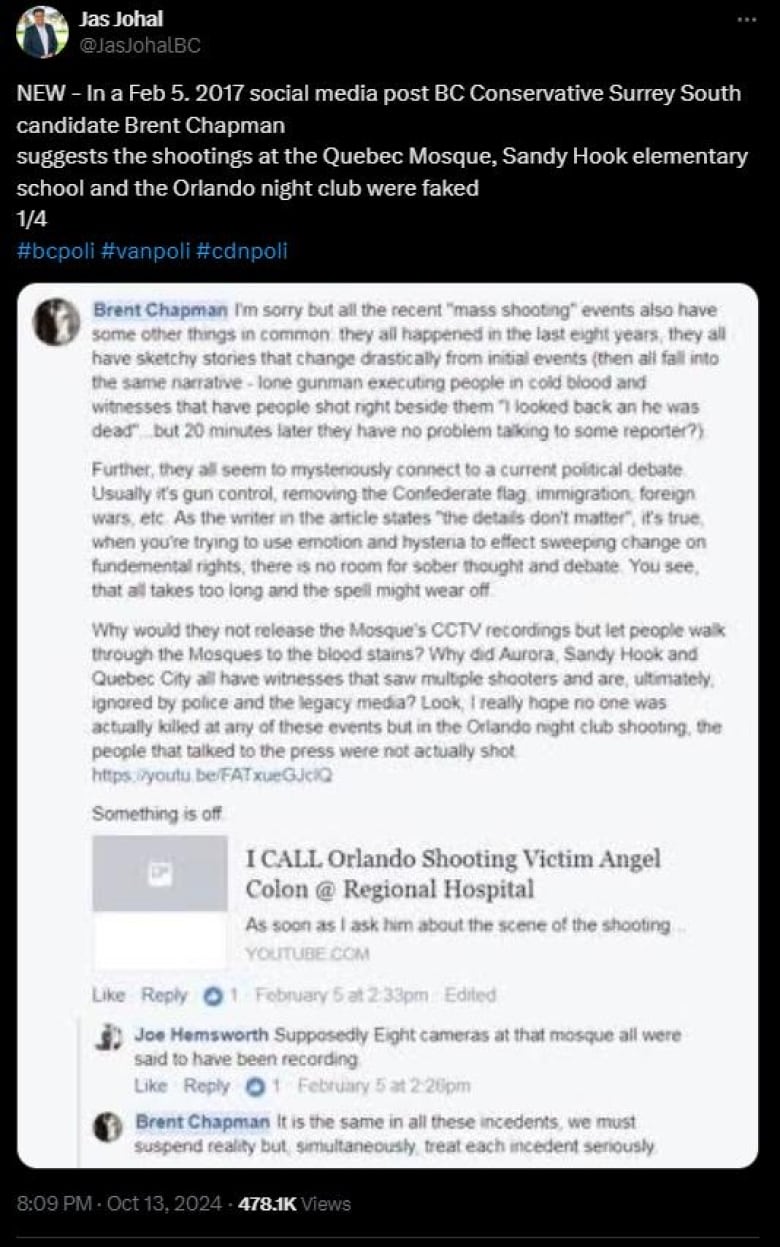 A social media post containing an embedded Facebook post, with the post talking about media coverage and victims of mass shootings and casting doubt on their accounts.