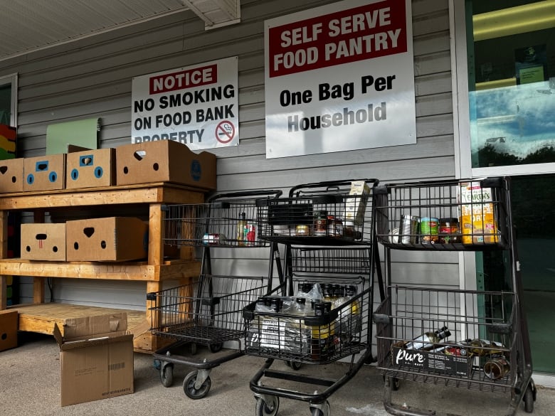 Cardboard boxes and grocery carts are lined up outside food bank.