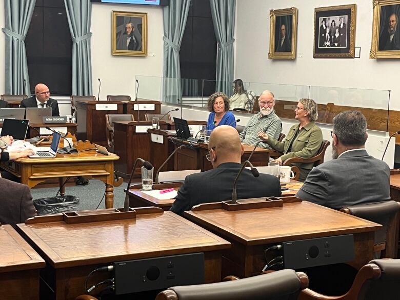 ECO P.E.I. members Ann Wheatley, left, Gary Schneider and Waterstone Law Group lawyer Jacinta Gallant appeared before a legislative standing committee on Wednesday, Oct. 16.