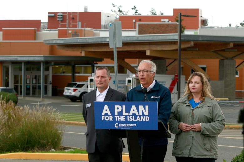 Three people at a podium with a sign reading 'A plan for the Island: Conservative Party of British Columbia' in front of a red-brick hospital.