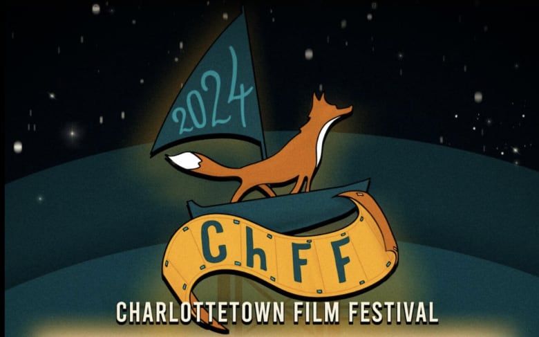 An poster for Charlottetown Film Festival featuring a design of a red fox in a sail boat out on the water at night.There's a film spool unravelling with the letters ChFF on it. There is a flag rising from the boat with 2024 on it. And the words Charlottetown Film Festival are in white text at the bottom.