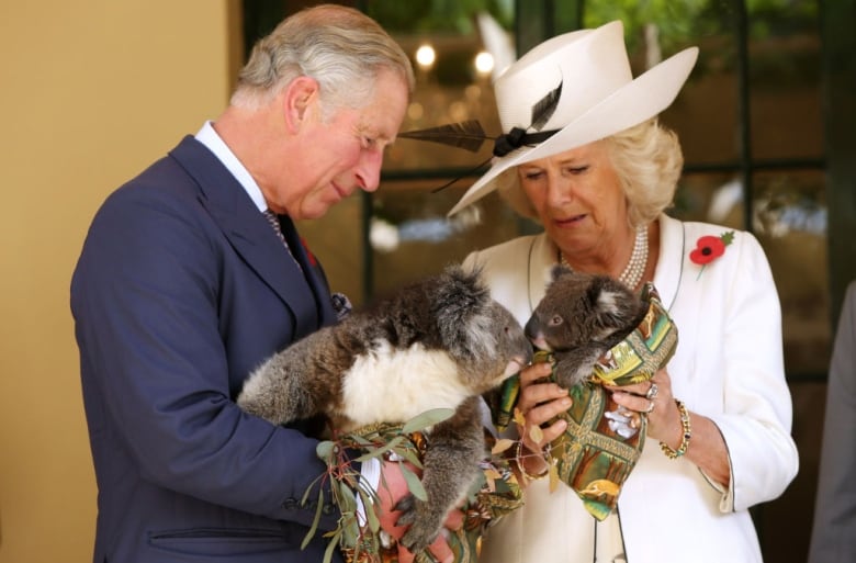 Two people hold koalas.