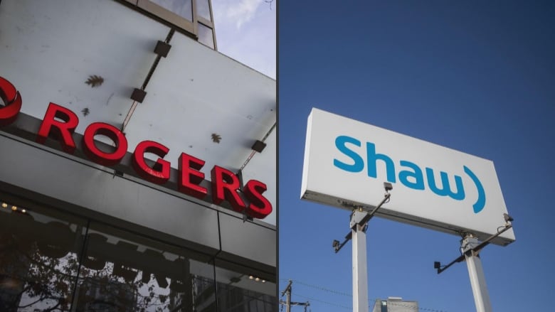 A composite show shows a storefront bearing the Rogers logo and a billboard showing the Shaw logo.