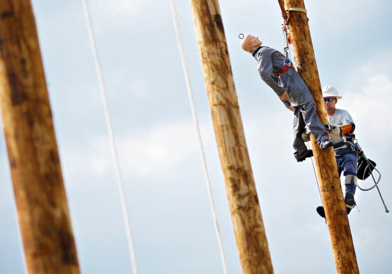 A man in a hardhat climbs a utility pole from which hangs a dummy in a jumpsuit