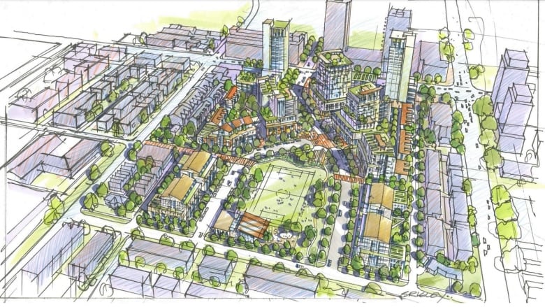 A drawing shows a number of apartments towers surrounding a park.