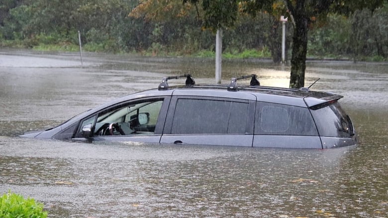 A van sits half-submerged in water on a flooded street. 