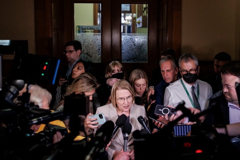 Deputy premier Sylvia Jones scrums at Queens Park, in Toronto, on the first day of the fall legislative session.