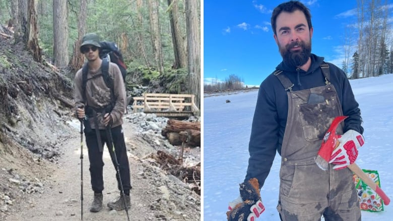 A composite photo of a man with a hiking stick beside a man in coveralls and gloves in a snowy landscape.