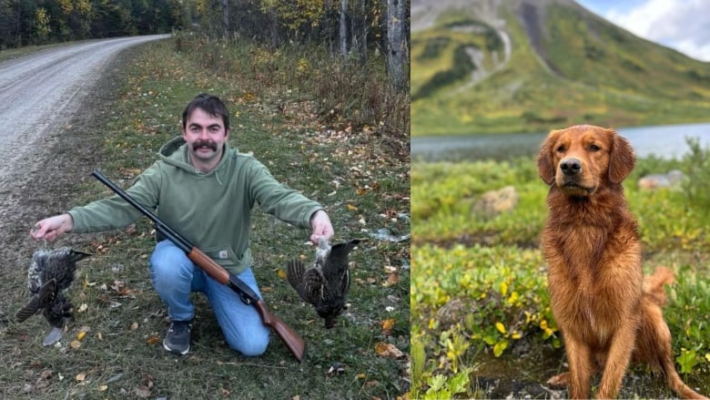 A composite photo of a man holding two grouse beside a picture of a golden retriever.