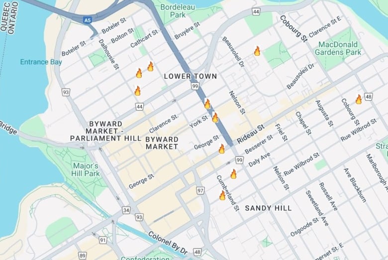 A map of city streets with small fire markers spread out across the map.