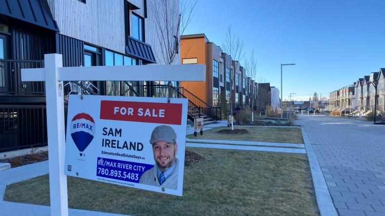 A real estate sign in front of a townhome, with other townhomes visible on either side of a pedestrian walkway.