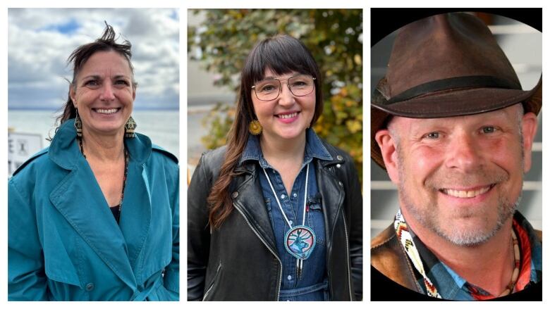 A collage photo of three people. On the left stands a smiling woman wearing a blue jacket. In the middle, a smiling woman wearing a black leather jacket stands in front of a tree. On the right, a smiling man wearing a cowboy-style hat poses for a photo.