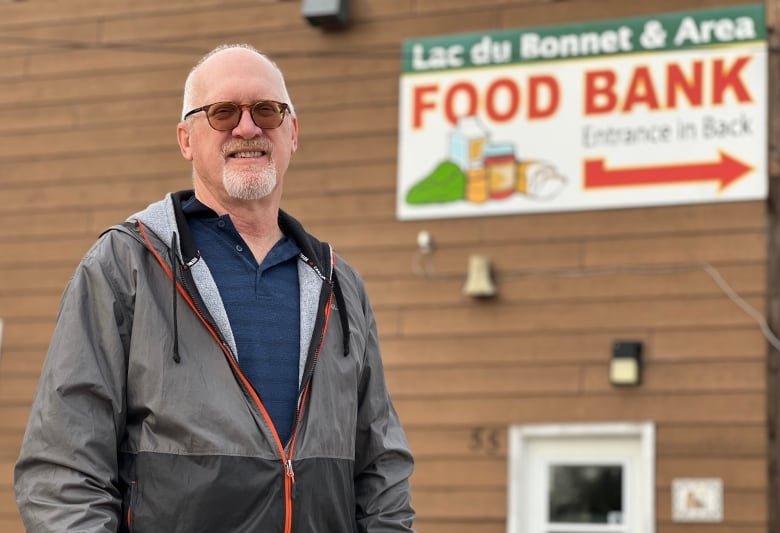 A man in a windbreaker stands in front of the food bank building and sign.