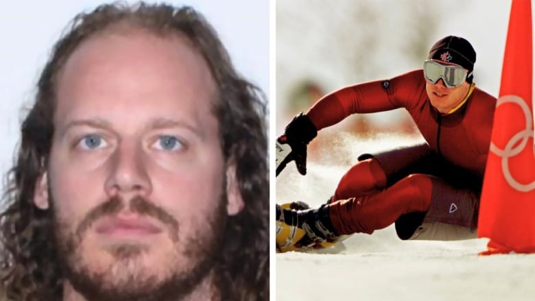 A mugshot of a bearded man, next to a picture of a man snowboarded in red Olympic gear