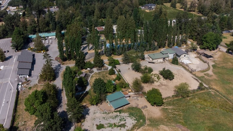 an aerial shot of a zoo shows a half dozen buildings and several fenced-off fields.