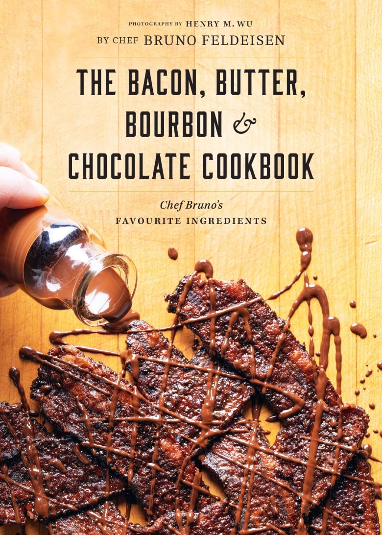 A cover shot of a book that shows chocolate being drizzled over bacon