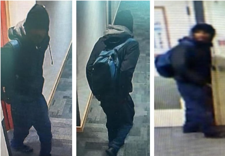 Three grainy surveillance photos show a man wearing a hooded jacket, a tuque and a backpack.