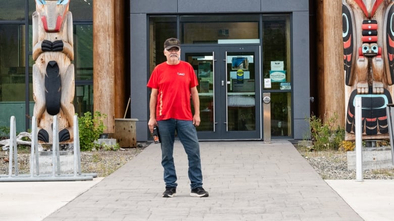 Man in red shirt and baseball cap stands in front of building. 