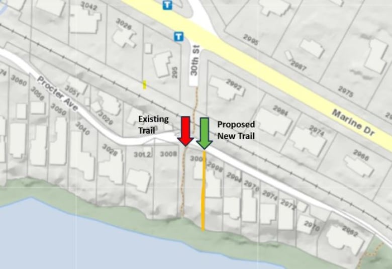 A map pointing to two trials leading to a beach. One of them, to the west, says 'existing trail' and the other, to the east, says 'proposed new trail'.