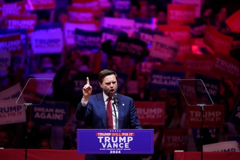 Republican vice presidential nominee Sen. JD Vance, R-Ohio, speaks before Republican presidential nominee former President Donald Trump at a campaign rally at Madison Square Garden, Sunday, Oct. 27, 2024, in New York. (AP Photo/Evan Vucci)