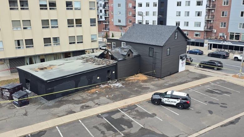 An overhead view of a building that has been partially destroyed