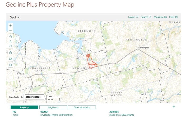 A screengrab of a geolinc map with a property belonging to Cavendish Farms Holdings outlined in red near New Annan.