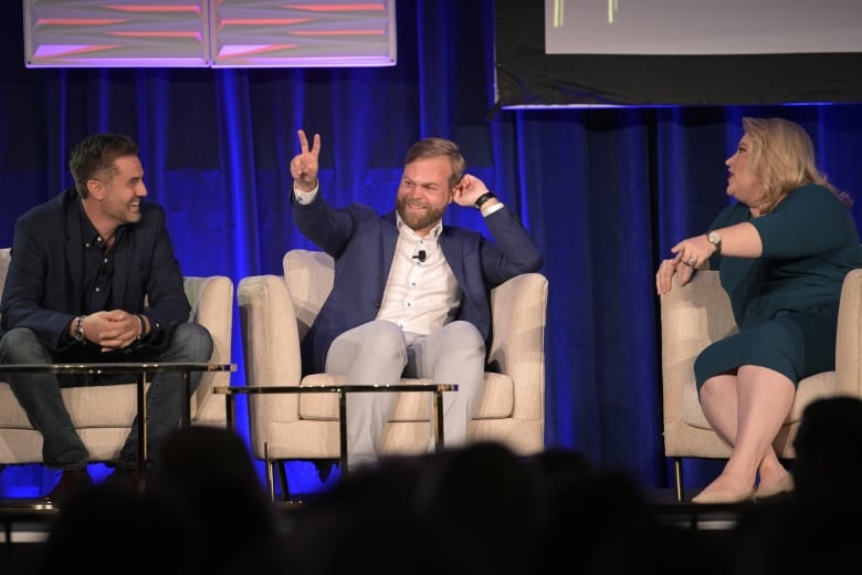 Chris Pavlovski, left, CEO of Rumble, Michael Seifert, center, CEO of PublicSquare, and Rep. Kat Cammack, R-Fla., participate in a discussion about the power of the digital citizen at the Republican Party of Florida Freedom Summit, Saturday, Nov. 4, 2023, in Kissimmee, Fla.