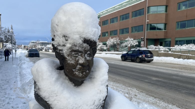 A snow-covered bust on a city street.