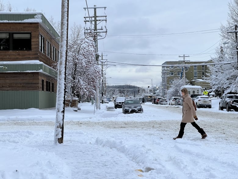 A snowy city street.